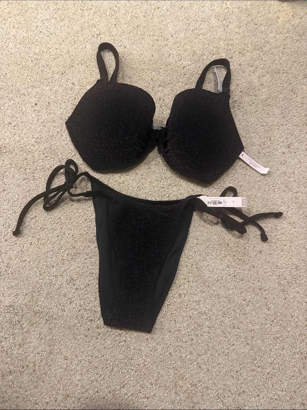 NWT Victoria's Secret Black Glitter Tie-Side Bikini Set